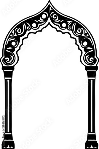 Stylized black and white vector graphic of an ornate archway