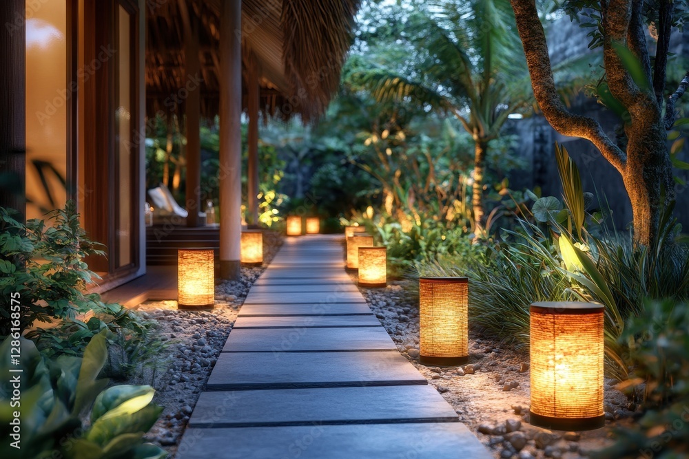 Serene Garden Pathway Illuminated by Warm Lanterns at Dusk Serene Garden Pathway Illuminated by Warm Lanterns at Dusk