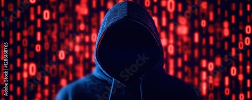 A mysterious figure in a hoodie stands against a backdrop of binary code, evoking themes of anonymity and digital intrigue. photo