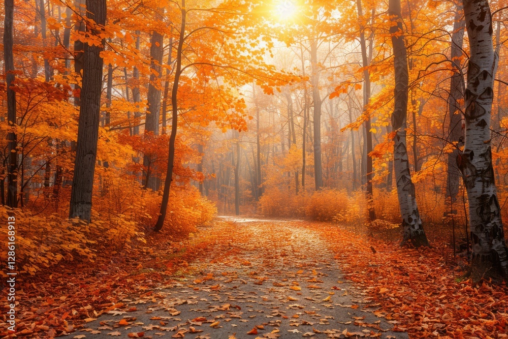 Fototapeta premium Autumnal path through a sunlit forest, vibrant orange leaves carpeting the ground.