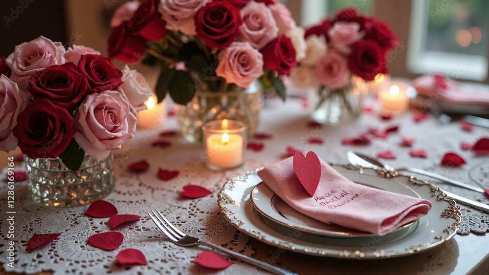 Romantic Valentine's Day Table Setting: Elegant Decor for Intimate Dinner Promotions and Love-Themed Marketing