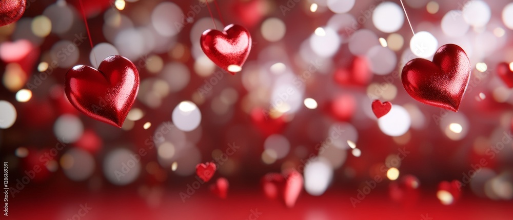 Blurred romantic red heart decorations with sparkling bokeh lights in dreamy soft focus effect evoking love passion and enchanting festive ambiance Blurred romantic red heart decorations with sparkling bokeh lights in dreamy soft focus effect evoking love passion and enchanting festive ambiance