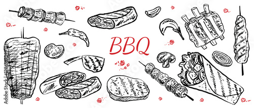 Barbeque street food collection in brush stroke texture isolated on white background. Hand drawn vector sketch illustration in vintage charcoal ink style. Shawarma, doner kebab, pita, meat on skewer