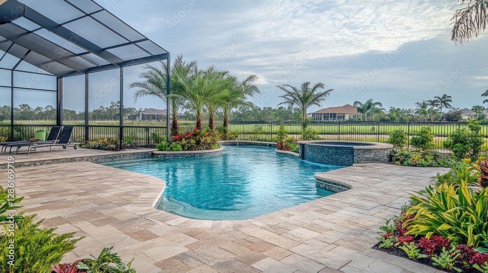 custom made wallpaper toronto digitalSwimming Pool with Palm Trees and Screen Enclosure on Sunny Day