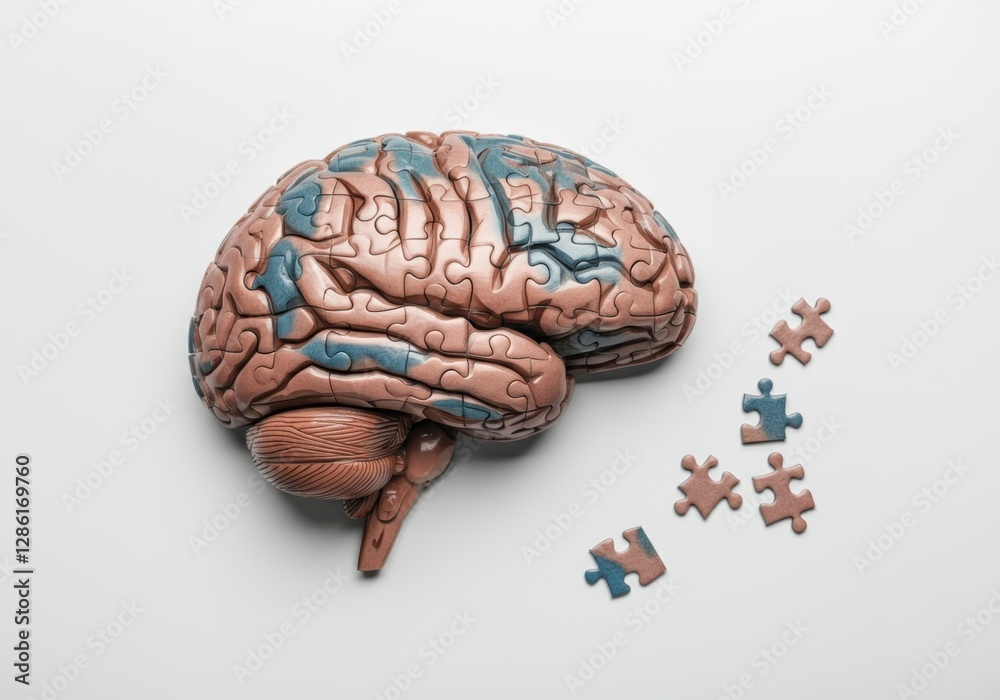 Puzzle pieces forming a brain on white background symbolizing cognitive function and problem solving Puzzle pieces forming a brain on white background symbolizing cognitive function and problem solving