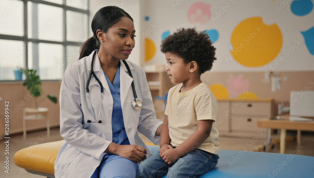 Doctor Interacting with Young Child in a Pediatric Clinic, Promoting Comfort and Care Doctor Interacting with Young Child in a Pediatric Clinic, Promoting Comfort and Care