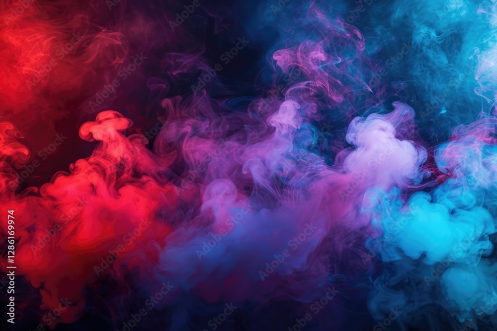 Abstract art of vibrant red and blue smoke swirling in the dark, creating a mystical and ethereal atmosphere. Abstract art of vibrant red and blue smoke swirling in the dark, creating a mystical and ethereal atmosphere.