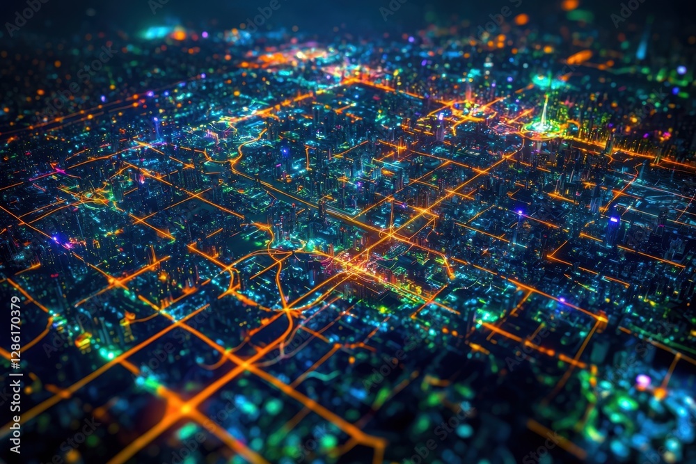 Obraz premium Aerial view of a cyberpunk-style city with glowing neon roads and buildings