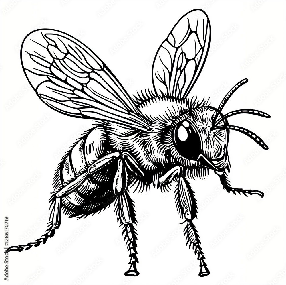 Honey Bee Monochrome Art for Eco-Friendly Branding | ミツバチのイラスト, エコデザイン, 透明背景 (Flying Pose)