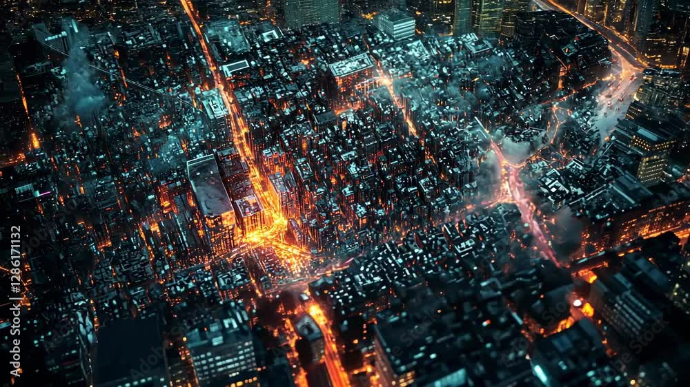 Fiery Metropolis: A Nighttime Aerial View of a Cityscape Fiery Metropolis: A Nighttime Aerial View of a Cityscape