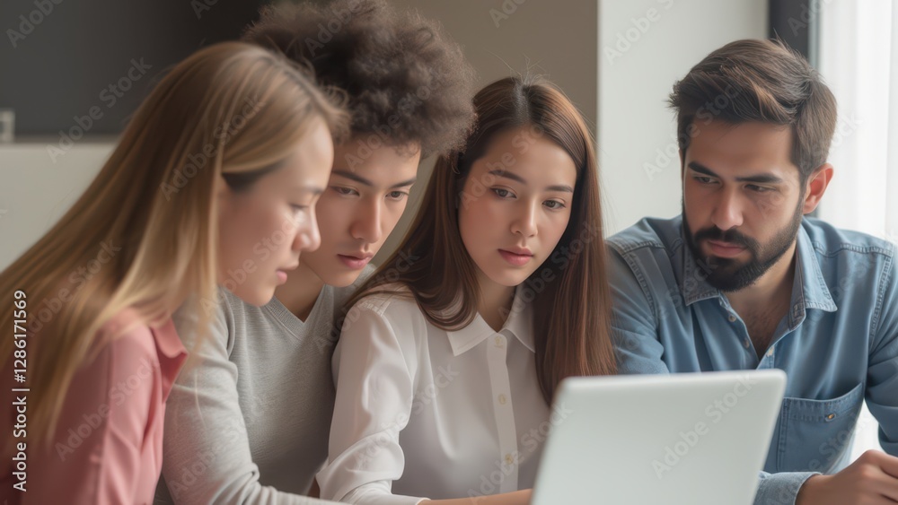Growth Strategy concept. Group of young people collaborating on a laptop in a modern workspace. Growth Strategy concept. Group of young people collaborating on a laptop in a modern workspace.