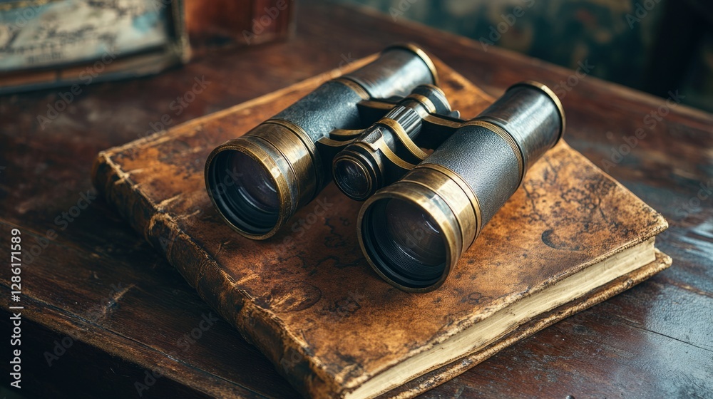 A pair of antique binoculars placed on a wooden desk with an old, leather-bound journal A pair of antique binoculars placed on a wooden desk with an old, leather-bound journal