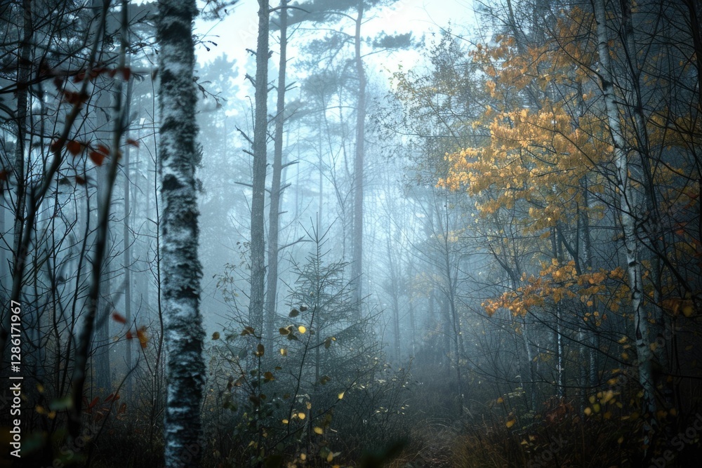 Fototapeta premium Misty autumn forest scene with tall trees and a few yellow leaves, creating a serene and mysterious atmosphere.