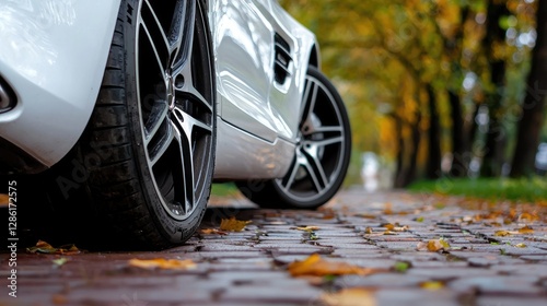 Wallpaper Mural White car parked on autumn leaves, paved road, trees background. Use Automotive advertisement Torontodigital.ca