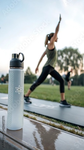 Image of a modern sports bottle on a blurred background of a girl exercising in a park.