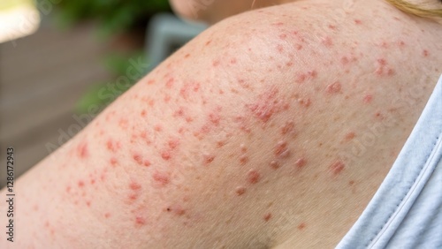 close up of a patient. Close-up of skin with reddish spots, possible rash or allergic reaction.
