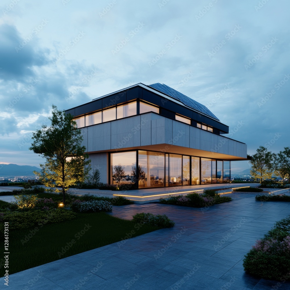 Fototapeta premium Modern house at twilight overlooking city