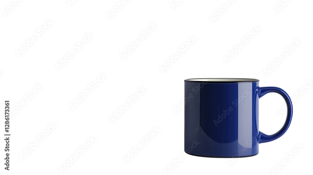 Simple blue ceramic mug positioned on a clean white background with soft lighting for a minimalist aesthetic