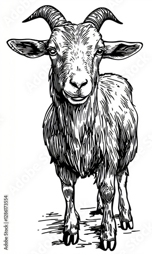 Classic Cartoon Goat Sketch: High-Contrast Black-and-White Art for Farm Themes, Rustic Animal Design