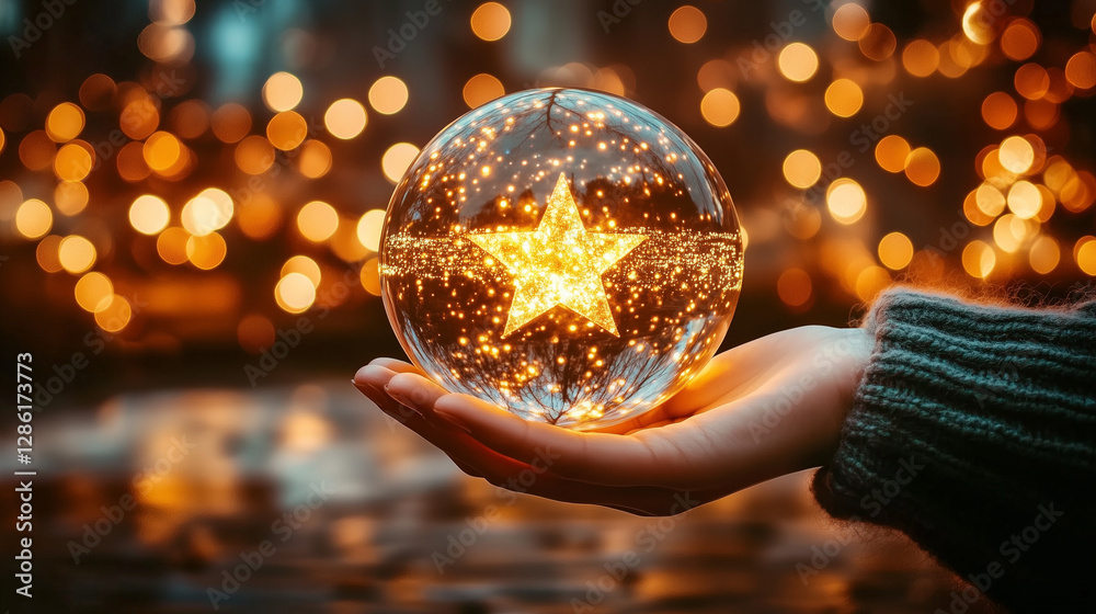 Fototapeta premium Hand holding illuminated golden star sphere with blurred lights background. Close-up night scene, Christmas and New Year celebration concept with bokeh effect and space for text.