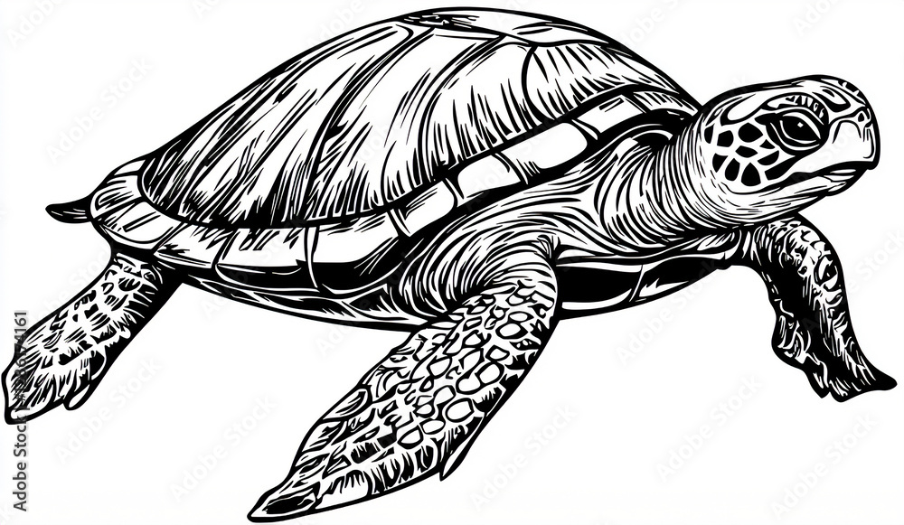 Fototapeta premium Minimalist Sea Turtle Line Art: Sleek Black-and-White Marine Animal Design for Logos, Branding, and Creative Projects with Transparent Background for Versatile Use