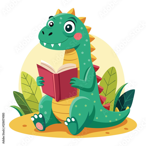 Cute dinosaur read book vector cartoon illustration isolated on a white background.;