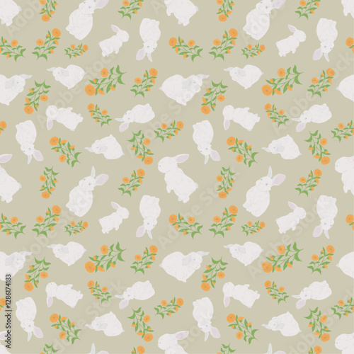 Hand-drawn Cute bunnies. Floral background vector seamless, Small rabbit pattern Kids print.