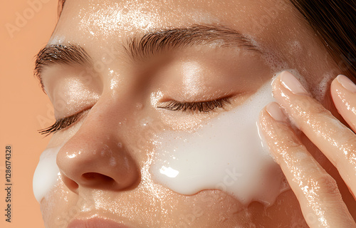 Facial cleansing routine demonstration skincare studio tutorial video indoor setting close-up view beauty concept