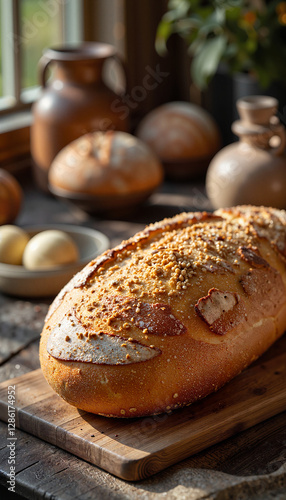 Artisan Polish rye bread loaf on rustic wooden table, culinary delight