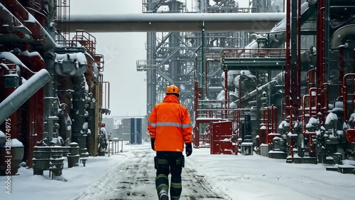 Worker walking through snowy industrial plant