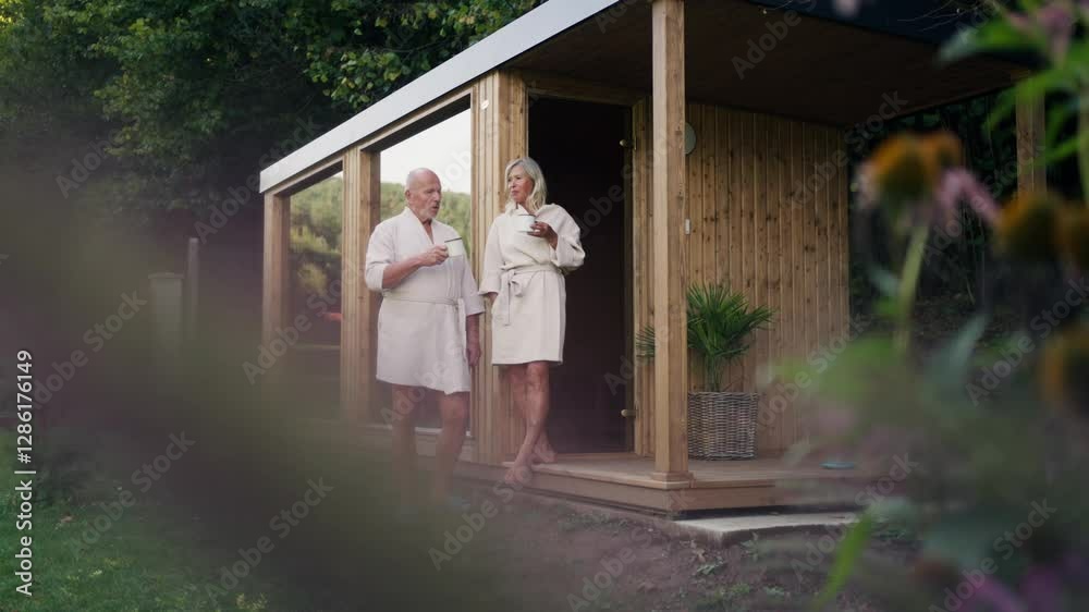 Husband and wife relaxing after spa session in home sauna. Concept of hygge and slow life for senior people. Banner with copy space.