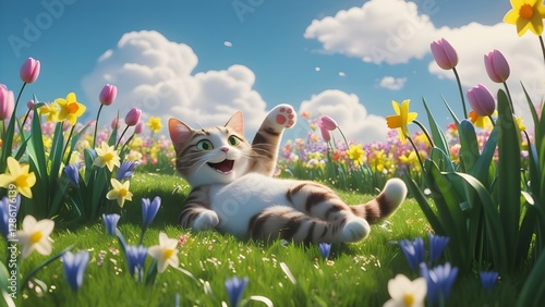 A relaxed and carefree cat lies in a blooming field, enjoying the gentle sunlight and fresh spring air. Bright daffodils, tulips and other flowers bloom around it, creating an atmosphere of fabulous 