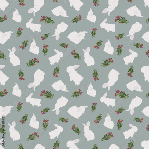 Hand-drawn Cute bunnies. Floral background vector seamless, Small rabbit pattern Kids print.