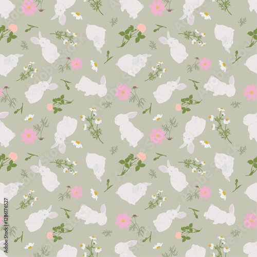 Hand-drawn Cute bunnies. Floral background vector seamless, Small rabbit pattern Kids print.