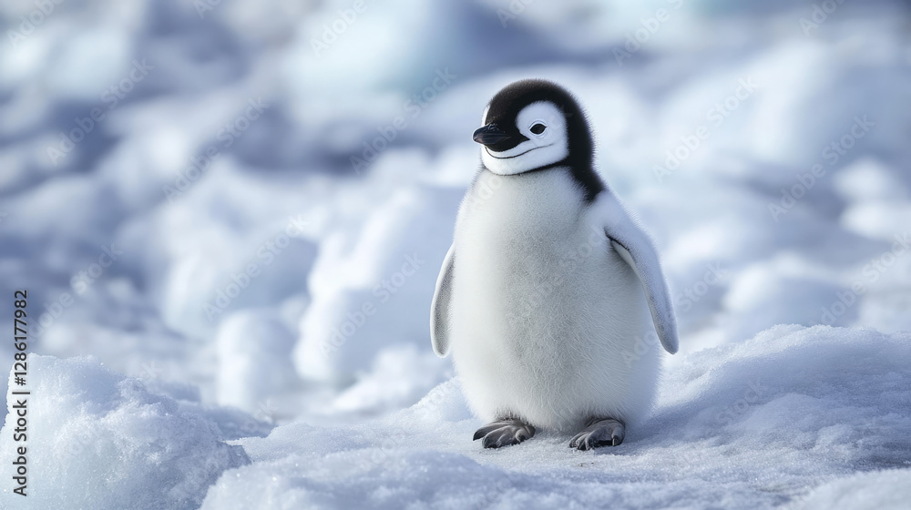 Obraz premium Baby emperor penguin standing on snowy ice