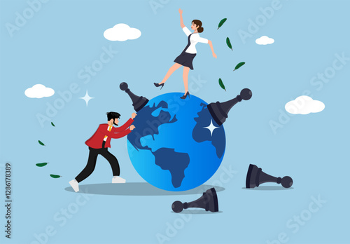 Geopolitics of world trade alliances, businessmen trying to negotiate trade wars, tariff or transaction concepts, playing chess to win geopolitical trade wars.