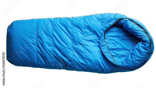 Bright blue sleeping bag designed for outdoor camping and hiking adventures in various weather conditions