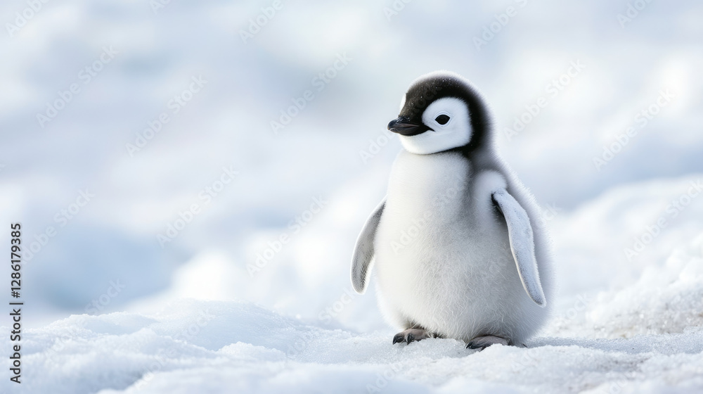 Fototapeta premium Baby emperor penguin standing on snowy ice