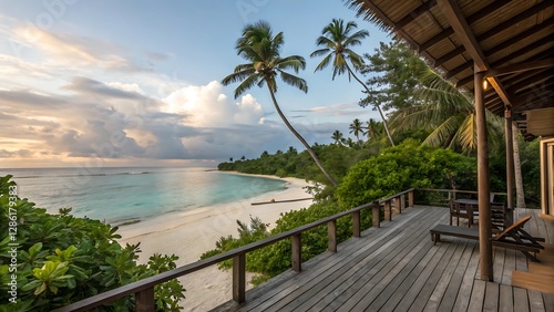 Serene Tropical Beachfront Deck at Sunset