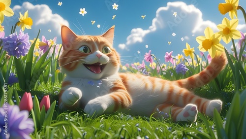 A relaxed and carefree cat lies in a blooming field, enjoying the gentle sunlight and fresh spring air. Bright daffodils, tulips and other flowers bloom around it, creating an atmosphere of fabulous 