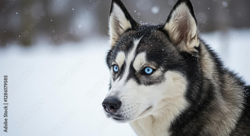 Majestic Siberian Husky Dog with Striking Blue Eyes in Snowy Winter Landscape Majestic Siberian Husky Dog with Striking Blue Eyes in Snowy Winter Landscape
