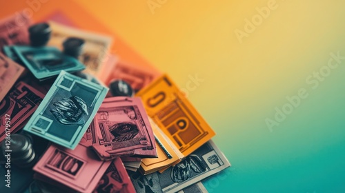 Colorful Monopoly Money Pile on Gradient Background