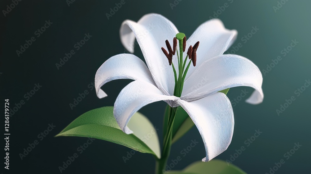Fototapeta premium Close-up of a pristine white lily flower with green leaves against a soft gradient background
