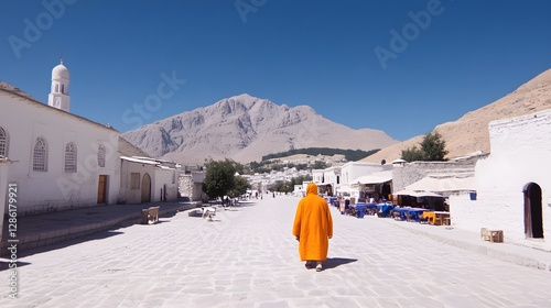 Traditional North African village nestled between towering mountain peaks with historic buildings a mosque with a minaret photo