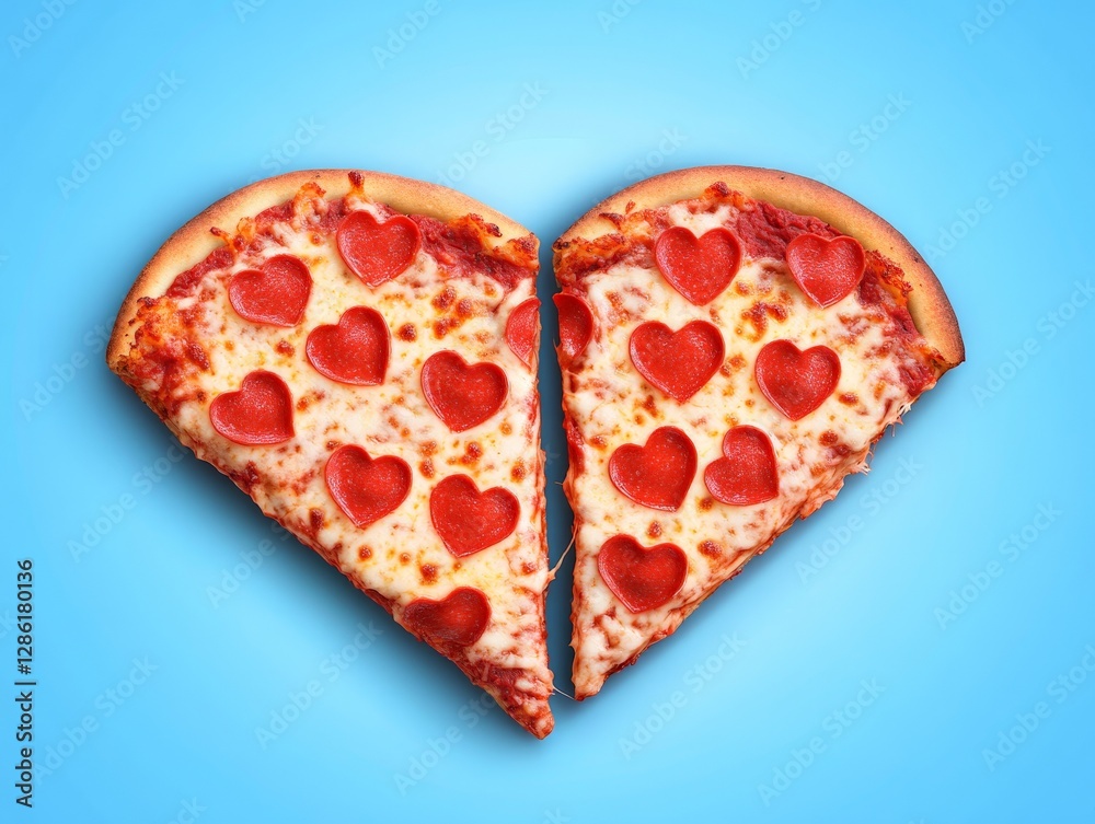 Fototapeta premium Creative heart shaped pizza with red toppings on a bright blue background representing love comfort food and passion for culinary artistry in a modern food themed conceptual image