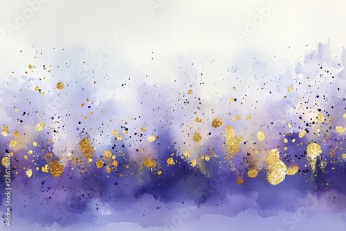 A modern illustration template for wedding invitations, featuring an abstract violet watercolor background with golden stains. The design has a pastel alcohol ink effect and a touch of glitter,
