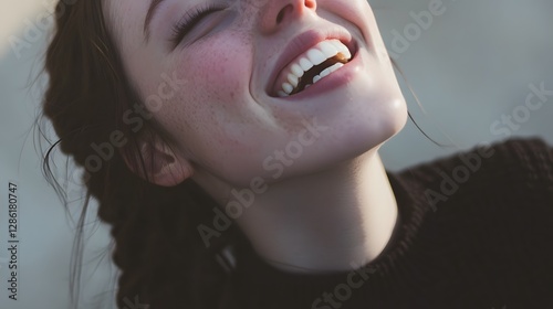 Joyful and radiant young woman with a bright genuine smile expressing happiness positivity and enthusiasm  Headshot portrait of an attractive confident female with glowing skin and vibrant energy