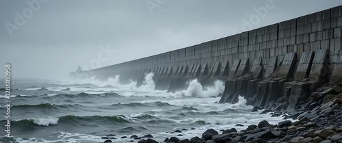 Panel kuchenny z motywem Rough Waves Crashing Against a Massive Concrete Barrier on a Stormy Day Displaying the Power of Nature