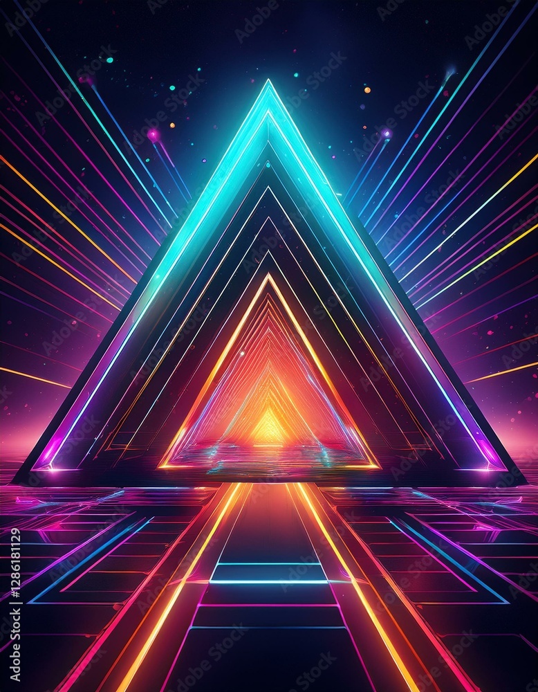 Naklejka premium Neon triangles arranged in dynamic patterns against a dark, space-like background