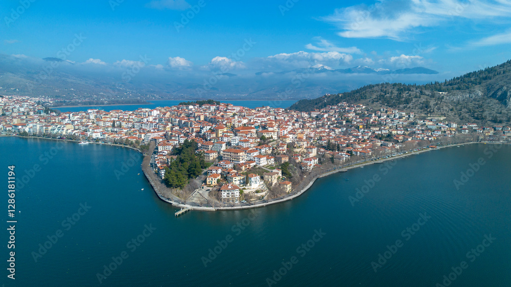 Aerial view of the city of Kastoria and Lake Orestiada in north Greece.